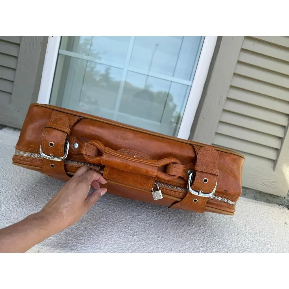vintage 1970s tan faux-leather carry on suitcase luggage 70s jet set masculine